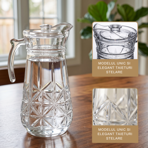 Carafă din sticlă cu capac 1,7 L Delisoga, carafă cu mâner pentru apă, suc, limonadă și ceai rece, sticlă transparentă cu model în relief, carafă de servire pentru masă, terasă și grădină [2]