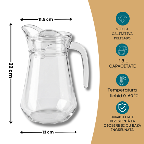 Carafă din sticlă 1,3 L Delisoga, carafă clasică cu mâner și cioc de turnare, pentru apă, suc, limonadă, vin și ceai rece, carafă transparentă de servire pentru masă, restaurant și terasă [3]