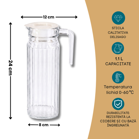 Carafă din sticlă cu capac 1,1 L Delisoga, carafă înaltă și îngustă cu mâner și model striat, pentru apă, suc, lapte, limonadă și ceai rece, carafă transparentă pentru masă, bucătărie și birou [3]