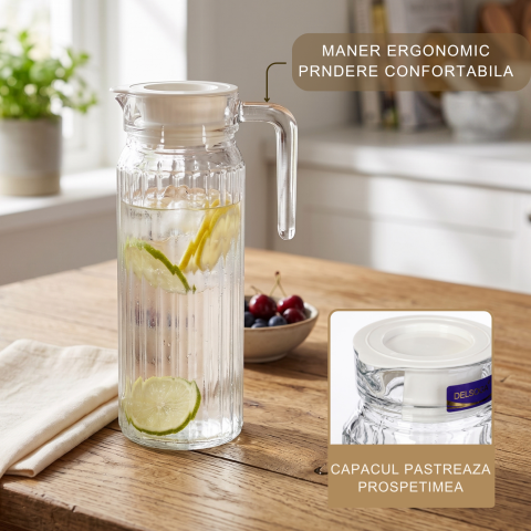 Carafă din sticlă cu capac 1,1 L Delisoga, carafă înaltă și îngustă cu mâner și model striat, pentru apă, suc, lapte, limonadă și ceai rece, carafă transparentă pentru masă, bucătărie și birou [2]