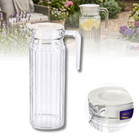 Carafă din sticlă cu capac 1,1 L Delisoga, carafă înaltă și îngustă cu mâner și model striat, pentru apă, suc, lapte, limonadă și ceai rece, carafă transparentă pentru masă, bucătărie și birou