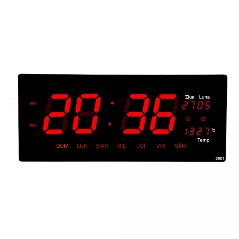 Ceasuri Decorative - Ceas Digital de Perete cu Led, Cu Alarma, Calendar, Temperatura, Lumina Rosie, Alimentare 220V si USB