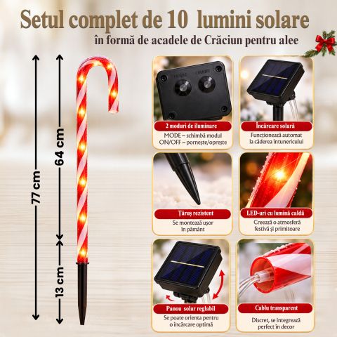 Set 10 lumini solare de Crăciun tip bastonaș acadea pentru alee și grădină, LED lumină caldă [3]