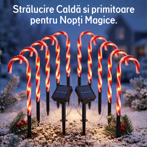 Set 10 lumini solare de Crăciun tip bastonaș acadea, decorațiuni luminoase exterior pentru alee, grădină și curte, LED lumină caldă, 2 moduri iluminare, panouri solare reglabile, 38 cm, roșu-alb [1]
