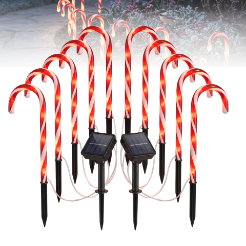Decorațiuni Crăciun - Set 10 lumini solare de Crăciun tip bastonaș acadea, decorațiuni luminoase exterior pentru alee, grădină și curte, LED lumină caldă, 2 moduri iluminare, panouri solare reglabile, 38 cm, roșu-alb