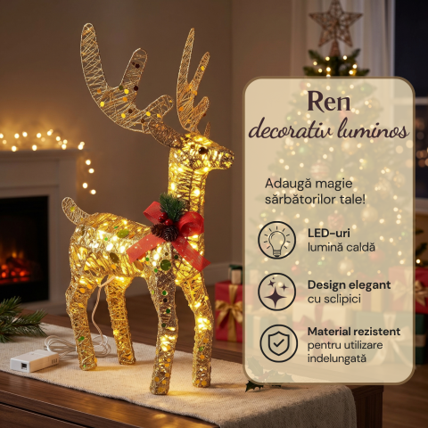 Ren luminos decorativ de Crăciun cu LED-uri lumină caldă, 40 x 32 x 9 cm, auriu cu sclipici, fundă și conuri decorative, decorațiune Crăciun pentru casă, ornament de iarnă, figurină luminoasă festivă [3]