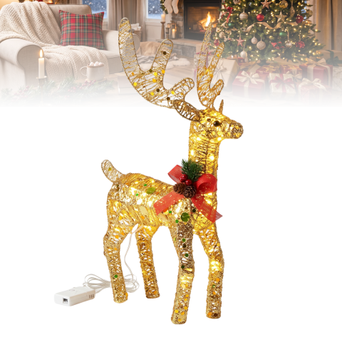 Sezon & Cadouri - Ren luminos decorativ de Crăciun cu LED-uri lumină caldă, 40 x 32 x 9 cm, auriu cu sclipici, fundă și conuri decorative, decorațiune Crăciun pentru casă, ornament de iarnă, figurină luminoasă festivă