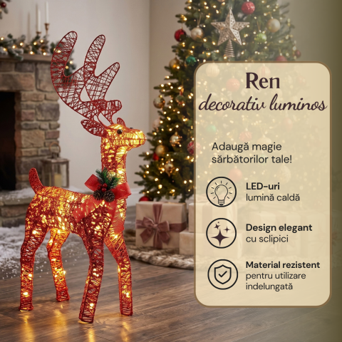 Ren luminos decorativ de Crăciun cu LED-uri lumină caldă, roșu cu sclipici, 40 x 32 x 9 cm [2]