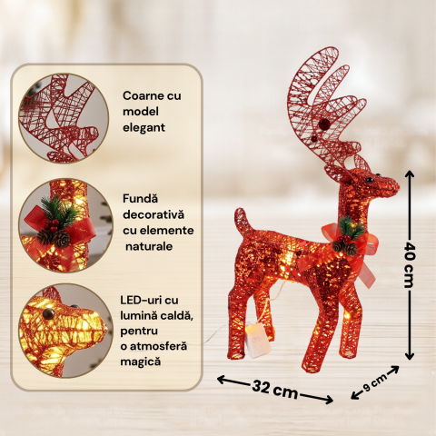Ren luminos decorativ de Crăciun cu LED-uri lumină caldă, roșu cu sclipici, 40 x 32 x 9 cm [3]