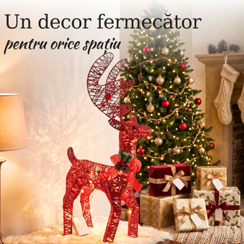Ren luminos decorativ de Crăciun cu LED-uri lumină caldă, roșu cu sclipici, 40 x 32 x 9 cm [1]