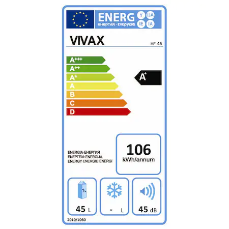 Frigider minibar Vivax MF-45, Capacitate 41 litri, Capacitate congelator 4 litri, Noua Clasa energetica F, Fosta Clasa energetica A+, Inaltime 49.2 cm, Consum scazut, Alb [2]