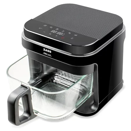 Friteuze - Friteuza cu aer cald ZASS ZAF 09 Friteuza electrica 1200W Friteuza sanatoasa fara ulei Cos de sticla securizata Control digital friteuza Gatire rapida si economica Friteuza cu 8 programe presetate Temperatura ajustabila friteuza Capacitate 5.5 litri Friteuza cu circulatie rapida a aerului Friteuza cu panou de control LED Gatire cu aer cald inovativ Friteuza cu temporizator Retete sanatoase cu aer cald Friteuza cu vas detasabil