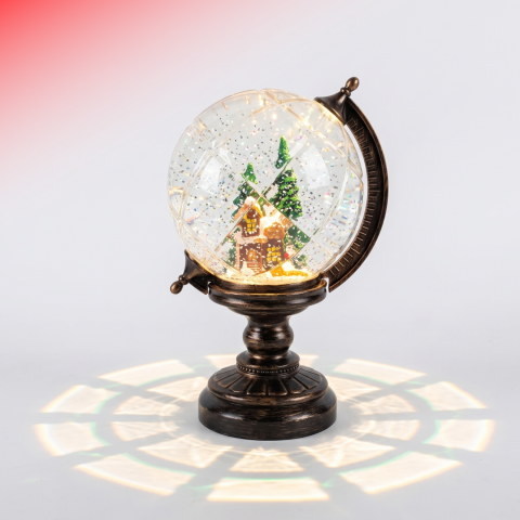 Globuri decorative - Glob decorativ luminos de Crăciun cu LED cald, ninsoare animată, căsuță și brazi, 25 cm