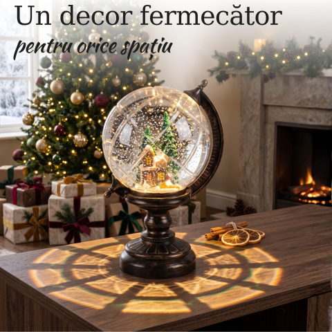 Glob decorativ luminos de Crăciun cu LED cald, ninsoare animată, căsuță și brazi, 25 cm [1]