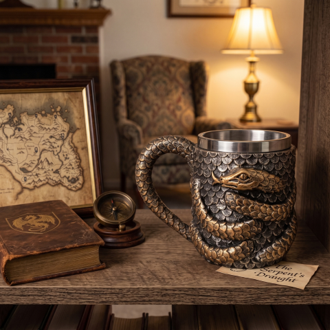 Halbă de bere cu Dragon-Șarpe, cană medievală Viking cu interior din oțel inoxidabil și exterior decorativ din rășină, mâner cu solzi, model 3D reliefat, bronz antichizat, cană fantasy, cadou [2]