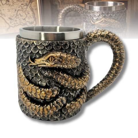 Căni, termosuri & sticle - Halbă de bere cu Dragon-Șarpe, cană medievală Viking cu interior din oțel inoxidabil și exterior decorativ din rășină, mâner cu solzi, model 3D reliefat, bronz antichizat, cană fantasy, cadou