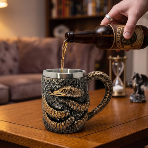 Halbă de bere cu Dragon-Șarpe, cană medievală Viking cu interior din oțel inoxidabil și exterior decorativ din rășină, mâner cu solzi, model 3D reliefat, bronz antichizat, cană fantasy, cadou [1]