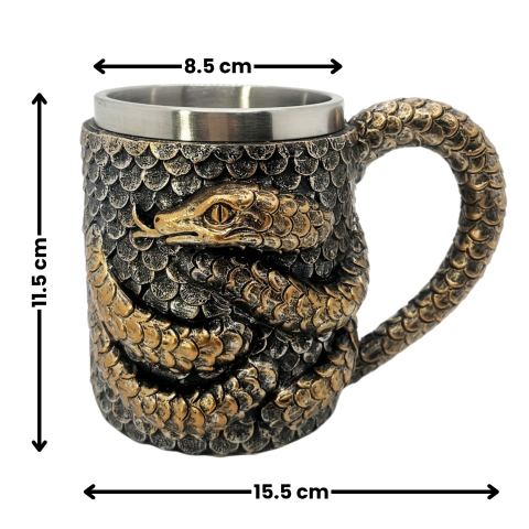 Halbă de bere cu Dragon-Șarpe, cană medievală Viking cu interior din oțel inoxidabil și exterior decorativ din rășină, mâner cu solzi, model 3D reliefat, bronz antichizat, cană fantasy, cadou [4]