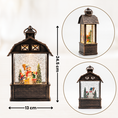Felinar decorativ Crăciun tip căsuță cu om de zăpadă și copii, glob luminos cu ninsoare animată, lumină LED caldă și muzică, decor vintage bronz, alimentare USB sau baterii, 24,5 x 13 cm [4]