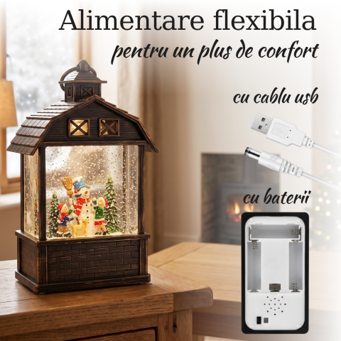 Felinar decorativ Crăciun tip căsuță cu om de zăpadă și copii, glob luminos cu ninsoare animată, lumină LED caldă și muzică, decor vintage bronz, alimentare USB sau baterii, 24,5 x 13 cm [3]