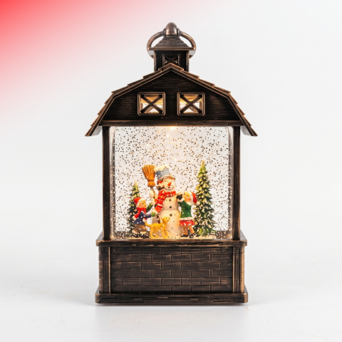 Felinare decorative - Felinar decorativ Crăciun tip căsuță cu om de zăpadă și copii, glob luminos cu ninsoare animată, lumină LED caldă și muzică, decor vintage bronz, alimentare USB sau baterii, 24,5 x 13 cm