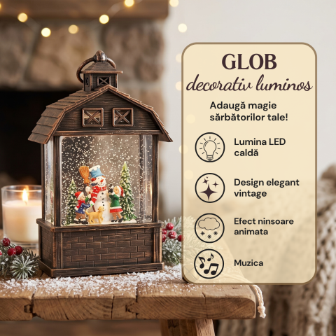 Felinar decorativ Crăciun tip căsuță cu om de zăpadă și copii, glob luminos cu ninsoare animată, lumină LED caldă și muzică, decor vintage bronz, alimentare USB sau baterii, 24,5 x 13 cm [2]