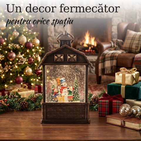 Felinar decorativ Crăciun tip căsuță cu om de zăpadă și copii, glob luminos cu ninsoare animată, lumină LED caldă și muzică, decor vintage bronz, alimentare USB sau baterii, 24,5 x 13 cm [1]