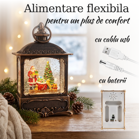 Felinar decorativ Crăciun cu Moș Crăciun și brad, ninsoare animată, lumină LED și muzică [3]