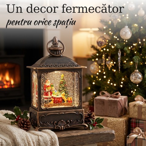 Felinar decorativ Crăciun cu Moș Crăciun și brad, ninsoare animată, lumină LED și muzică [1]