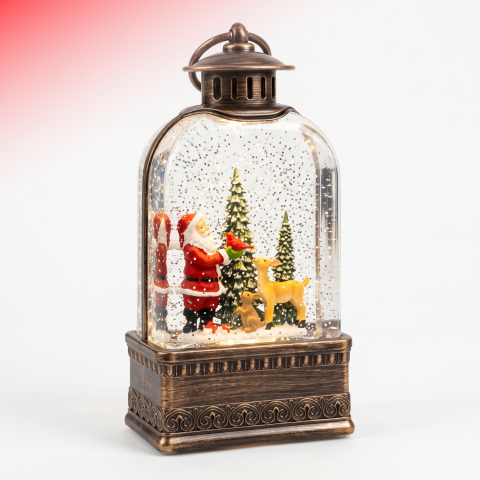 Felinare decorative - Felinar decorativ Crăciun cu Moș Crăciun și căprioară, ninsoare animată, LED și muzică