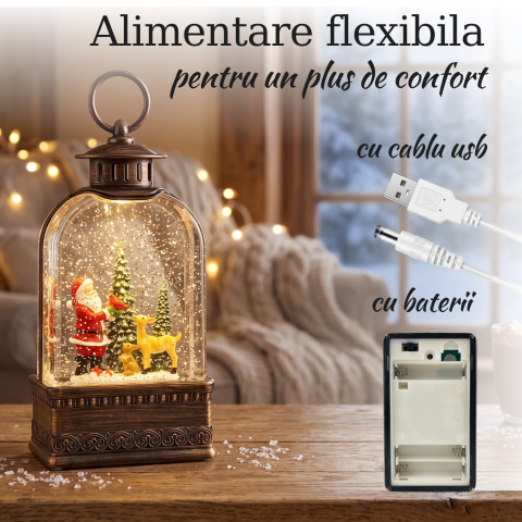 Felinar decorativ Crăciun cu Moș Crăciun și căprioară, ninsoare animată, LED și muzică [3]
