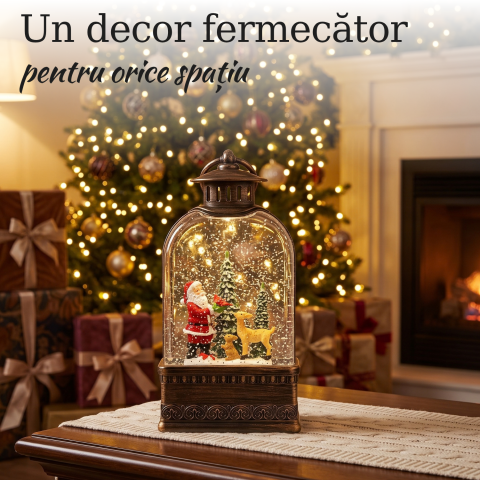 Felinar decorativ Crăciun cu Moș Crăciun și căprioară, ninsoare animată, LED și muzică [1]