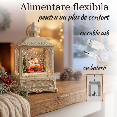 Felinar decorativ Crăciun cu Moș Crăciun, ninsoare animată, lumină LED și muzică [3]
