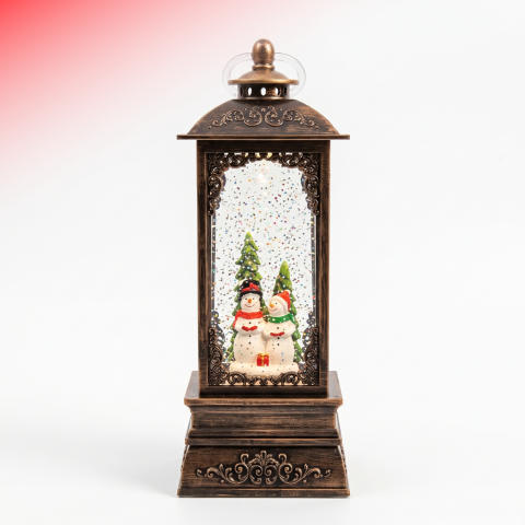 Felinare decorative - Felinar decorativ Crăciun cu doi oameni de zăpadă, ninsoare animată, lumină LED și muzică