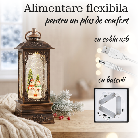 Felinar decorativ Crăciun cu doi oameni de zăpadă, ninsoare animată, lumină LED și muzică [3]