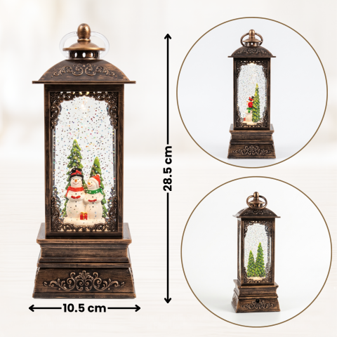Felinar decorativ Crăciun cu doi oameni de zăpadă, ninsoare animată, lumină LED și muzică [4]