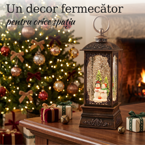 Felinar decorativ Crăciun cu doi oameni de zăpadă, ninsoare animată, lumină LED și muzică [1]