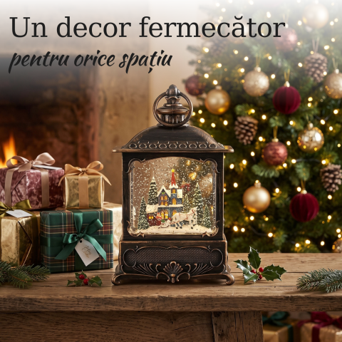 Felinar decorativ Crăciun cu trăsură și peisaj de iarnă, ninsoare animată, LED și muzică [1]