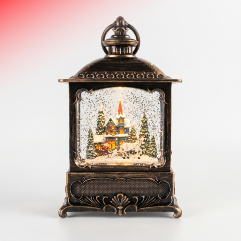 Felinare decorative - Felinar decorativ Crăciun cu trăsură și peisaj de iarnă, ninsoare animată, LED și muzică