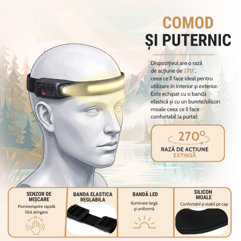Lanternă frontală LED reîncărcabilă cu senzor de mișcare, bandă luminoasă cu unghi larg, 5 moduri de iluminare, lumină laterală, bandă elastică reglabilă, USB, alergare, camping, pescuit, lucru [3]