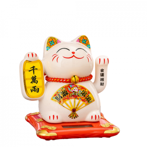 Alte decorațiuni - Pisoi Norocos Maneki Neko Solar Alb, Figurină Decorativă cu Evantai pe Suport Roșu și Elemente Aurii