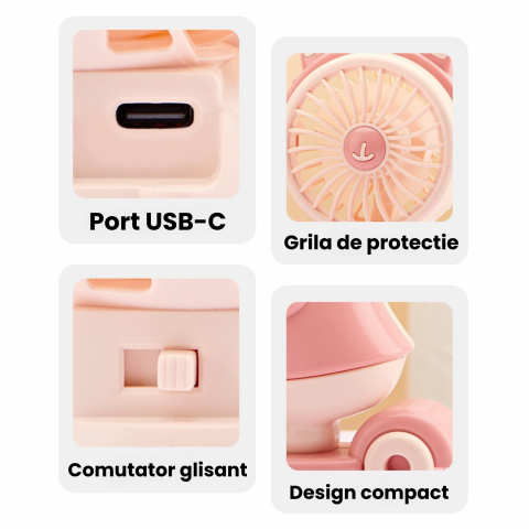 Mini ventilator de birou pisicuta cu ascutiotoare, Incarcare USB-C, Autonomie mare, 2 trepte de viteza, Lumina de veghe Maro [3]