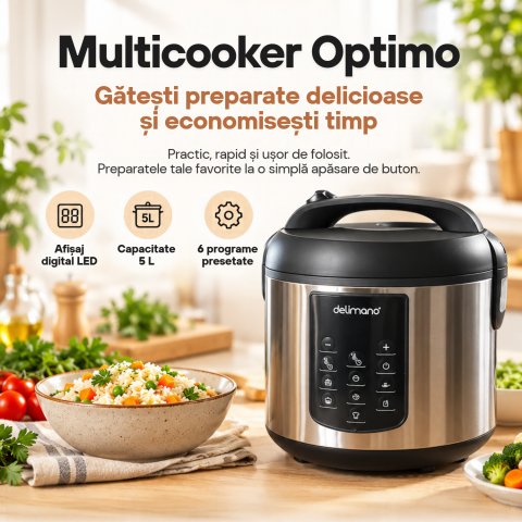 Oala electrica Delimano Optimo, 5 litri, temporizator de 24 ore, afisaj LED, 6 programe presetate, functie de pornire intarziata, functie de mentinere a temperaturii, vas cu invelis antiaderent, 1023 [2]