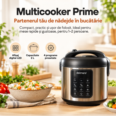 Oala electrica Delimano Primo, 2 litri, temporizator de 24 ore, afisaj LED, 4 programe presetate, functie de pornire intarziata, functie de mentinere a temperaturii, vas cu invelis antiaderent, 476 W [2]