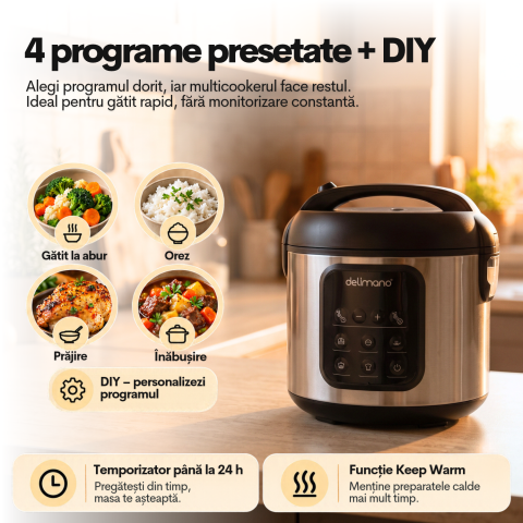 Oala electrica Delimano Primo, 2 litri, temporizator de 24 ore, afisaj LED, 4 programe presetate, functie de pornire intarziata, functie de mentinere a temperaturii, vas cu invelis antiaderent, 476 W [5]