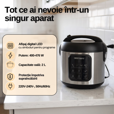 Oala electrica Delimano Primo, 2 litri, temporizator de 24 ore, afisaj LED, 4 programe presetate, functie de pornire intarziata, functie de mentinere a temperaturii, vas cu invelis antiaderent, 476 W [3]
