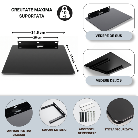 Raft de sticlă securizată pentru perete, suport TV pentru router, decodor, consolă și accesorii, 34,5 x 24 cm, max. 10 kg, suport metalic, montaj cu șuruburi, negru, pentru organizarea gadgeturilor [3]