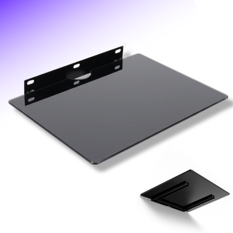 Suporturi TV - Raft de sticlă securizată pentru perete, suport TV pentru router, decodor, consolă și accesorii, 34,5 x 24 cm, max. 10 kg, suport metalic, montaj cu șuruburi, negru, pentru organizarea gadgeturilor