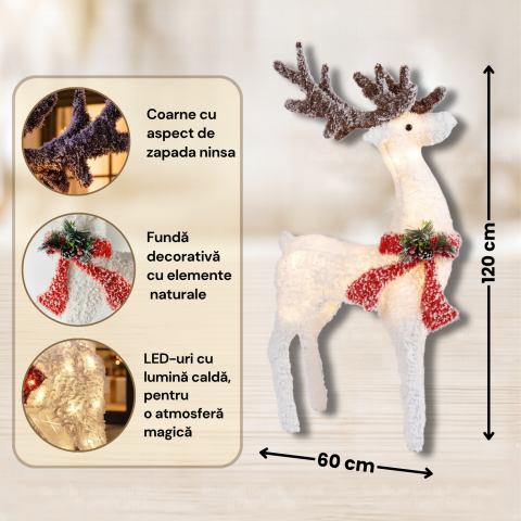 Ren luminos decorativ de Crăciun cu LED-uri lumină caldă, 120 x 60 cm, alb cu efect de zăpadă, coarne maro, fular roșu și conuri decorative, figurină ren Crăciun, ornament luminos festiv de iarnă [3]