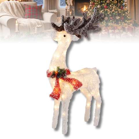 Decorațiuni Crăciun - Ren luminos decorativ de Crăciun cu LED-uri lumină caldă, 120 x 60 cm, alb cu efect de zăpadă, coarne maro, fular roșu și conuri decorative, figurină ren Crăciun, ornament luminos festiv de iarnă